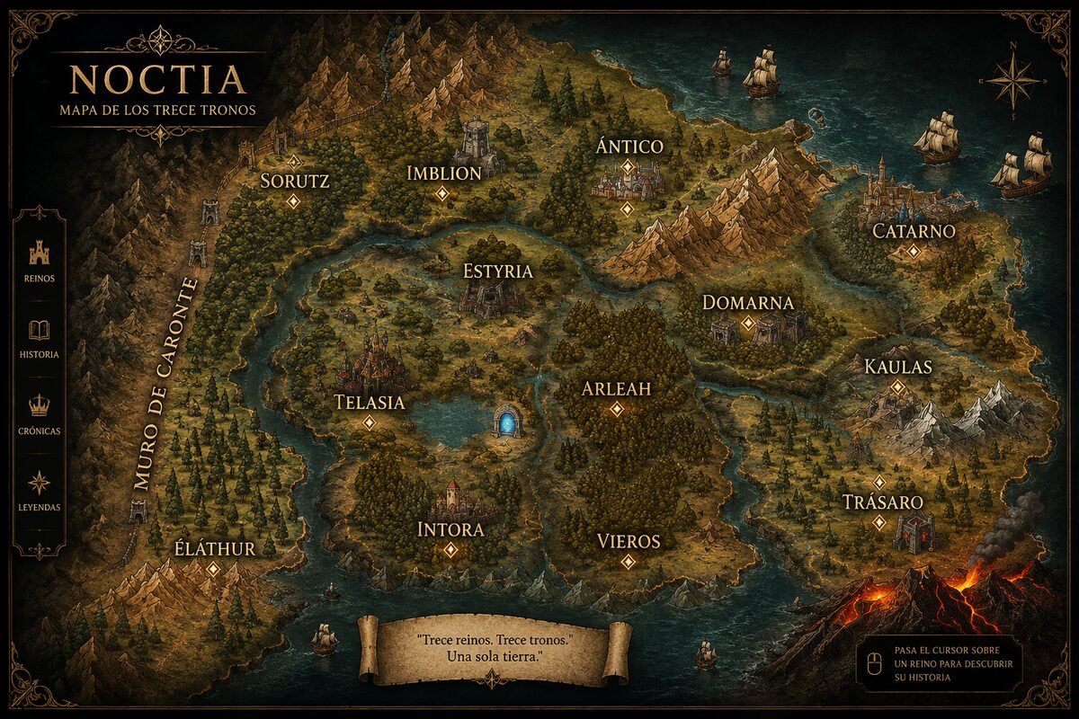 Mapa de Noctia con los trece tronos y el Muro de Caronte al oeste